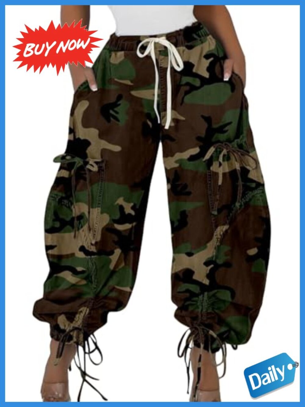 Women's Baggy Cargo Jogger Jeans Drawstring High Rise Wide Leg Denim Pants